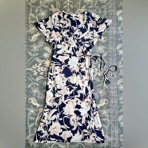 Leith Blue Peach and White Floral Wrap Midi Dress